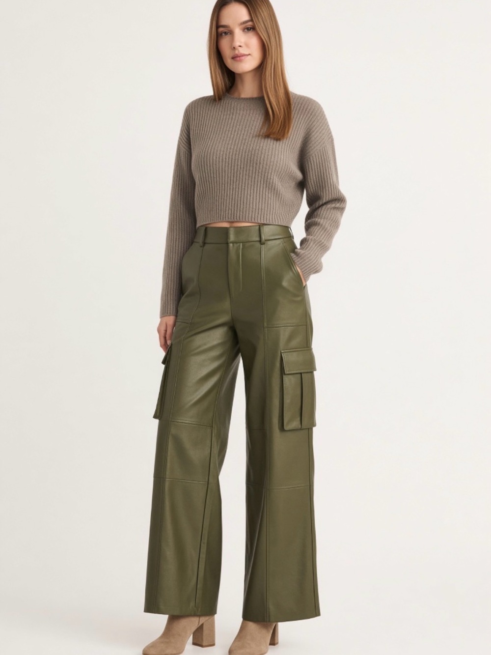 Reitmans Olive Green Faux Leather Wide-Leg Cargo Pants